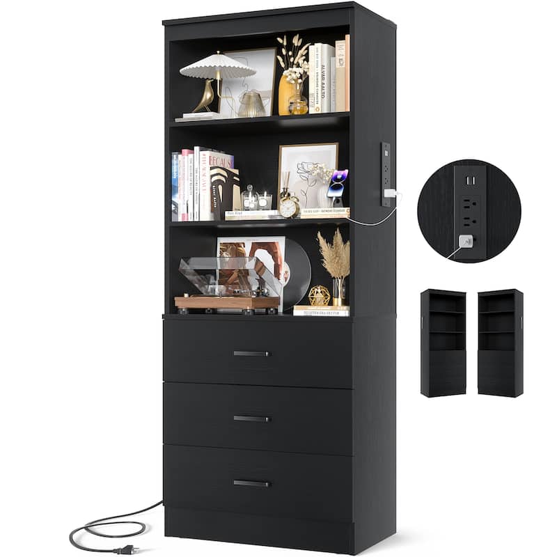 6-Tier 23.6'' Display Cabinet with Charging Station and Drawers, Bookcase Storage Shelf Kitchen Pantry