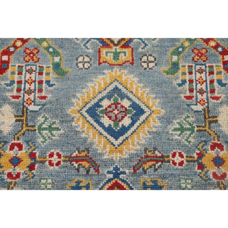 Light Blue Geometric Kazak Runner Rug Hand-Knotted Wool Carpet - 2'8" x 9'6"