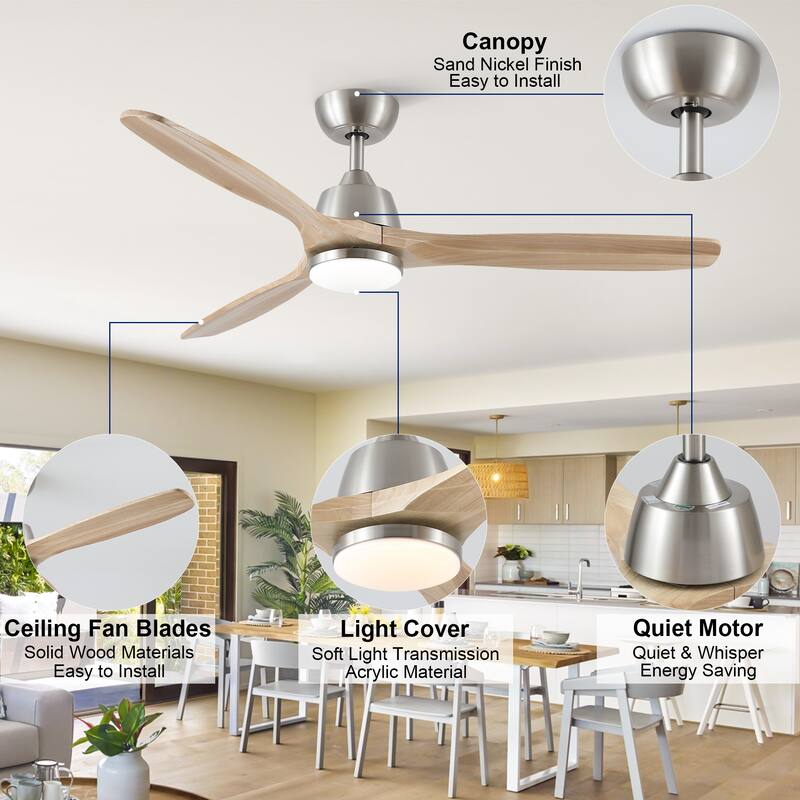 YUHAO 52 in. Indoor Matte Black Solid Wood Ceiling Fan with Integrated LED and Remote Control