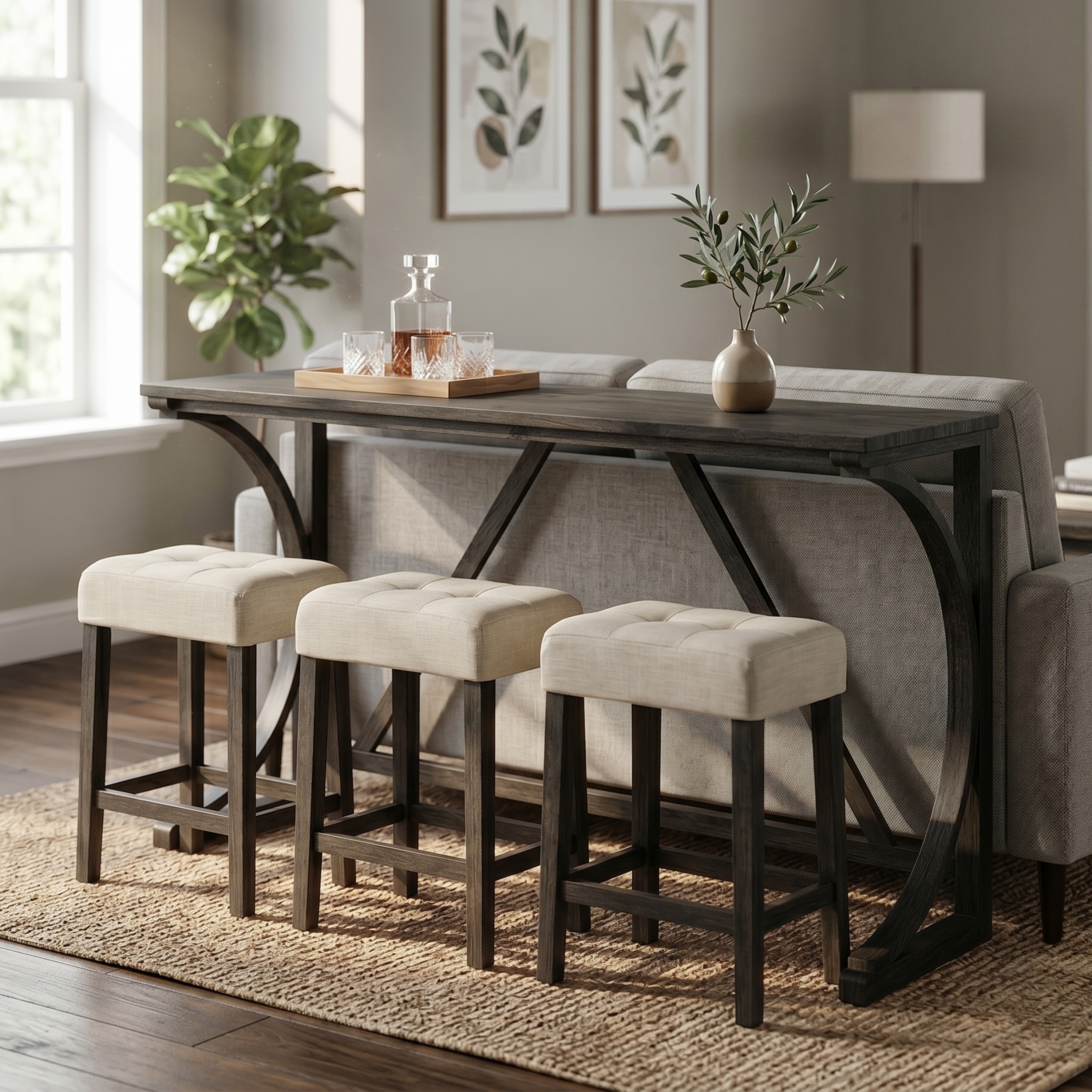 Furniture of America Setas 4-Piece Brown Wood Counter Height Dining Table Set with USB Ports and Tufted Seat