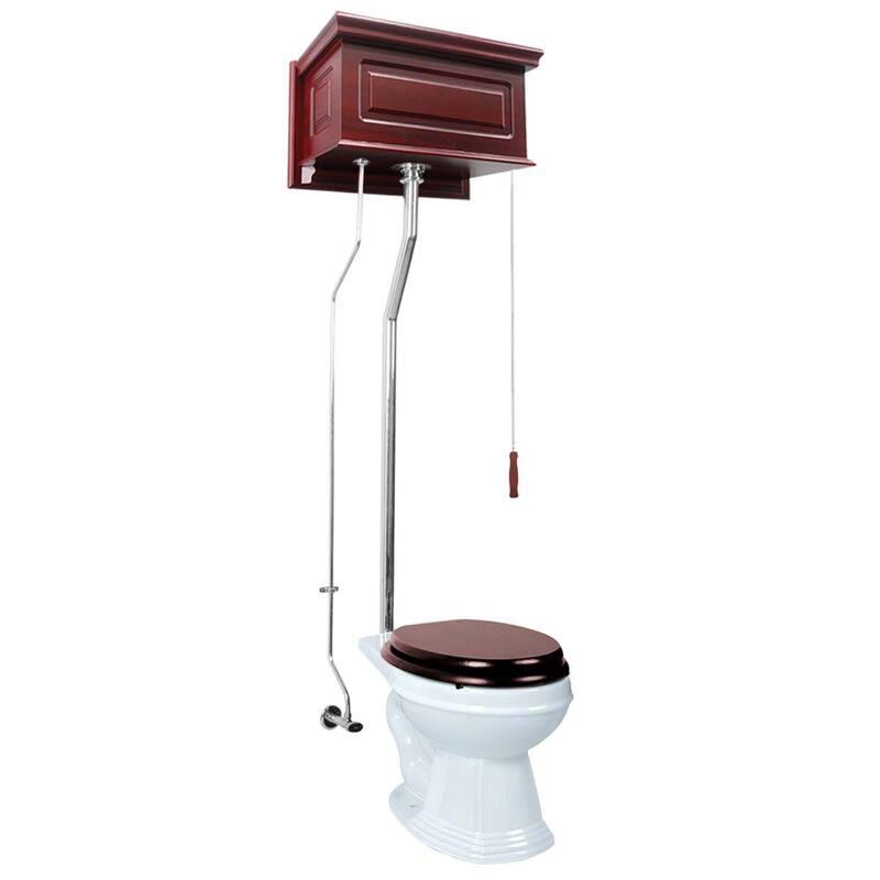 Cherry Wooden High Tank Toilet Raised Tank, Elongated White Bowl and Chrome L Pipes