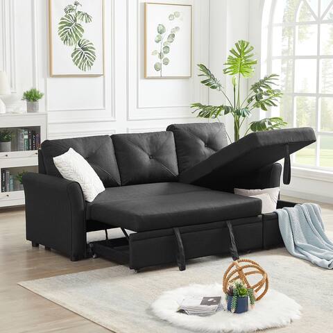Reversible L-shape 3 Seat Sectional Couch Bed Modern Living Room Linen Upholstered Pull out Sleeper Sofa with Storage Chaise