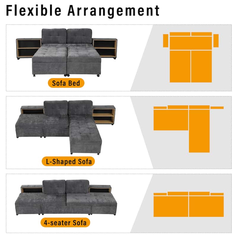 Versatile Modular Sectional Sofa Bed with 2 Storage Racks and Wheels