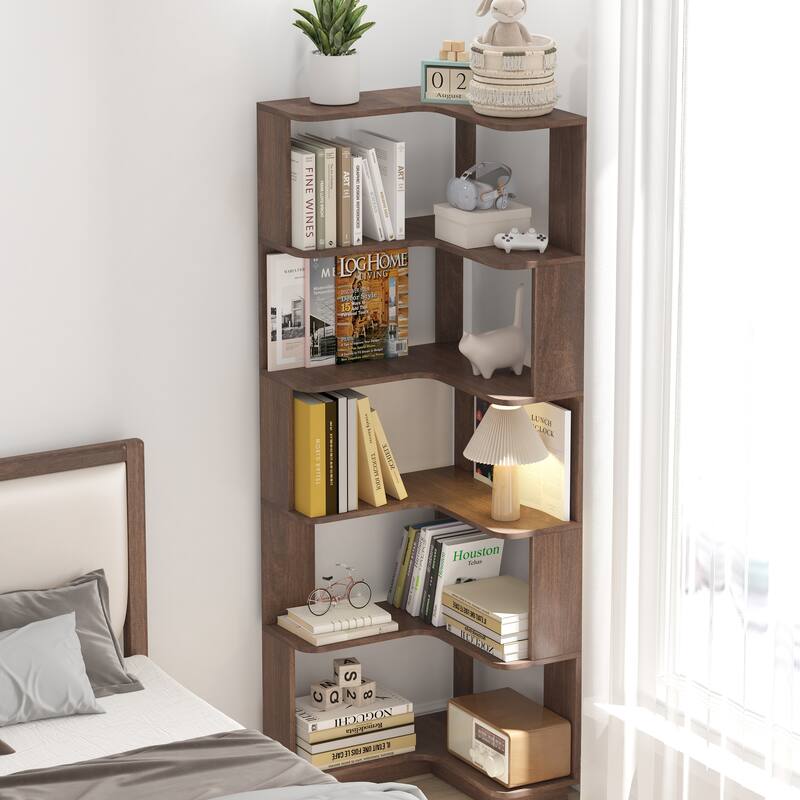 GDFStudio - Elysande Wood Corner Bookcase with 6-Tier Anti-Fall Design