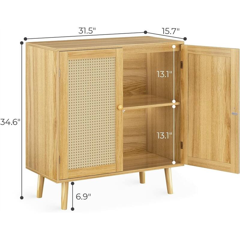 Storage Cabinet with PE Rattan Decor Doors - 15.7"D x 31.5"W x 34.6"H