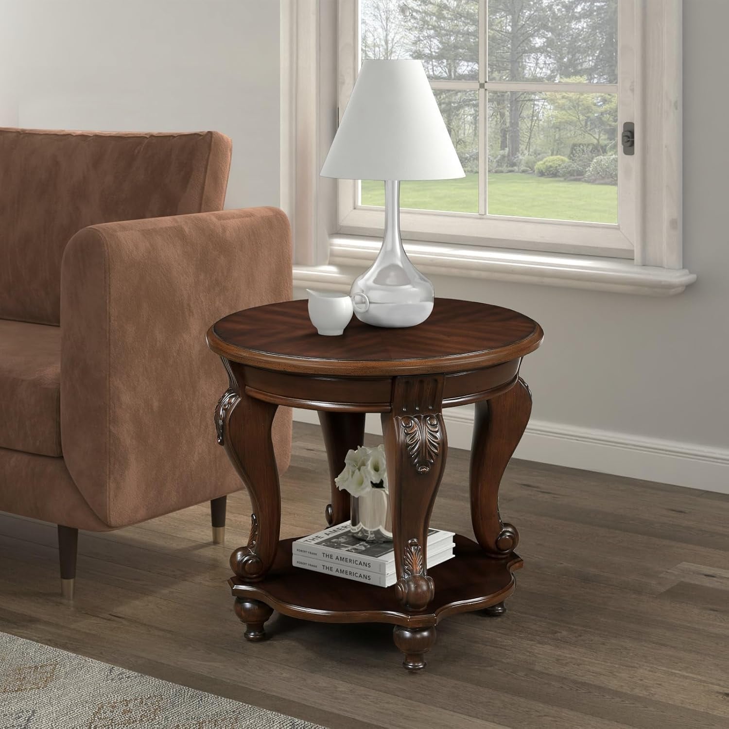 Round End Table with Storage Shelf, Solid Wood Sofa Side Table, 22'' Corner Table for Living Room