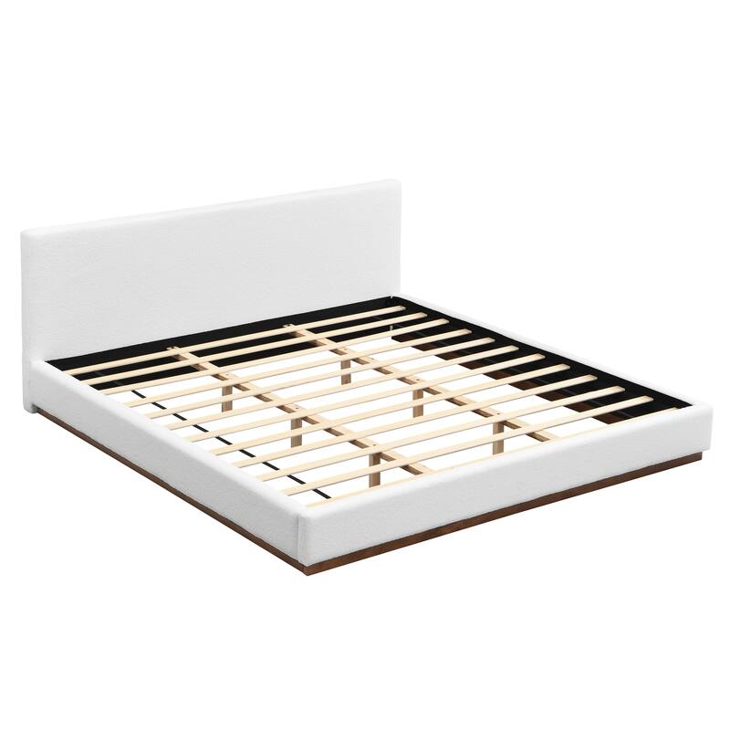 Elegant White Fabric Upholstered Bed with Solid Wood Base Frame, King/Queen Size