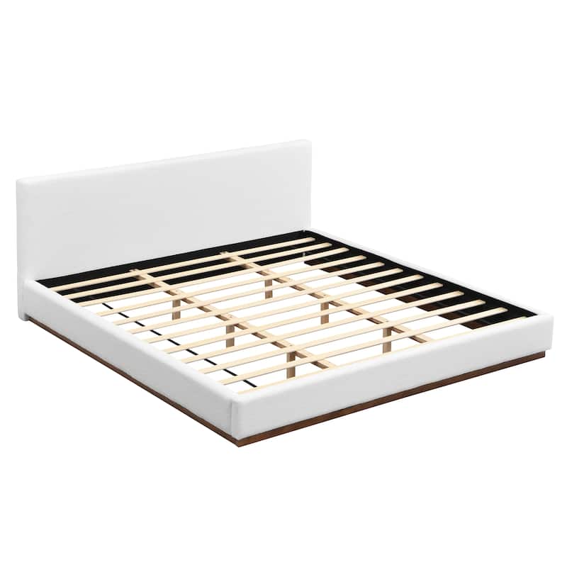 King Size Fabric Upholstered Platform Bed with Solid Wood Base and Wood Grain Texture