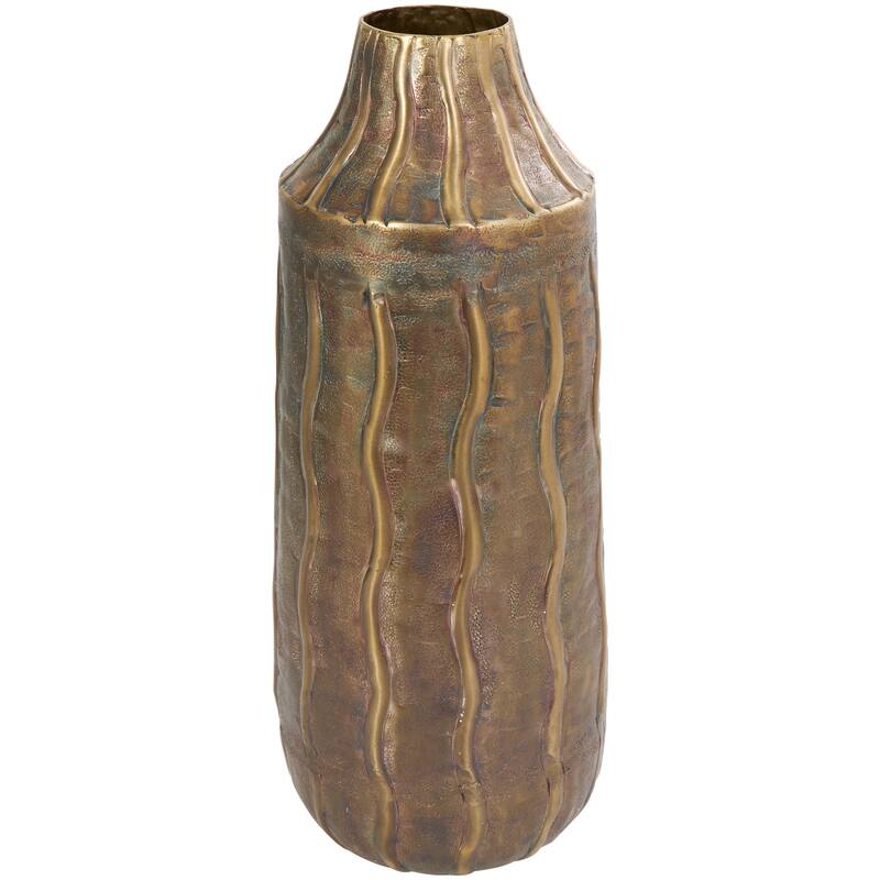 Brass Metal Snakeskin Inspired Vase with Dimensional Wavy Accents
