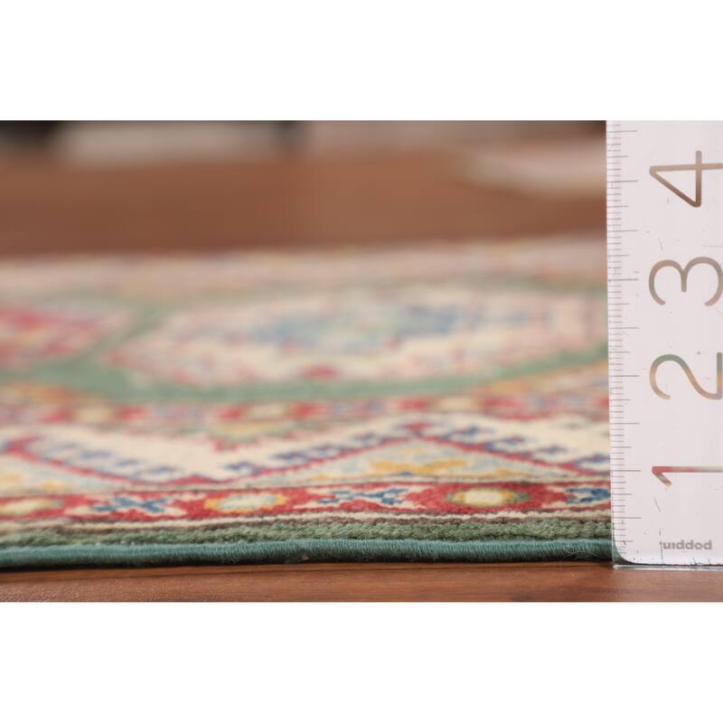 Green Geometric Kazak Accent Rug Hand-Knotted Wool Carpet - 2'9" x 3'11"