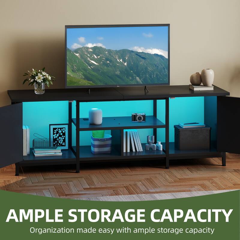 Moasis Farmhouse TV Stand with LED & Charging, Storage Cabinet and Shelves for TVs up to 70", Black