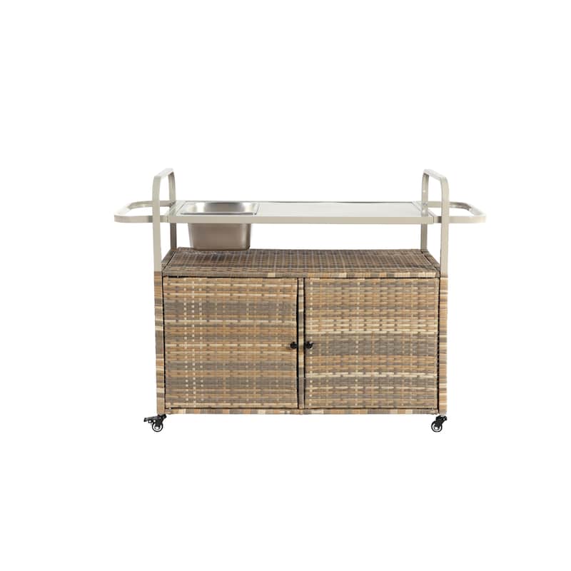 Outdoor Bar Table, Wicker Bar cart with Cabinet, Patio Serving cart with steel Top, with one ice bucket,Lockable Wheels