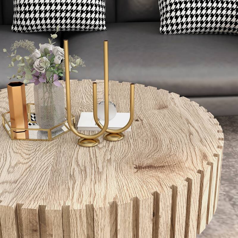 Round Coffee Table Wood, Modern Unique Circle Coffee Table, Contemporary Drum Fluted Accent Side Table Center