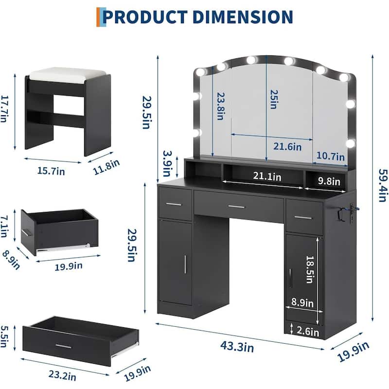 3 Drawers Makeup Vanity Desk, Dressing Table with LED Lights and Stool