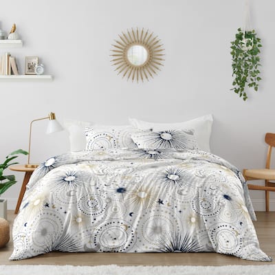 Star and Moon Collection Boy Girl 3pc Full Queen Comforter Set - Navy Blue Gold Grey Celestial Sky Stars Gender Neutral Unisex