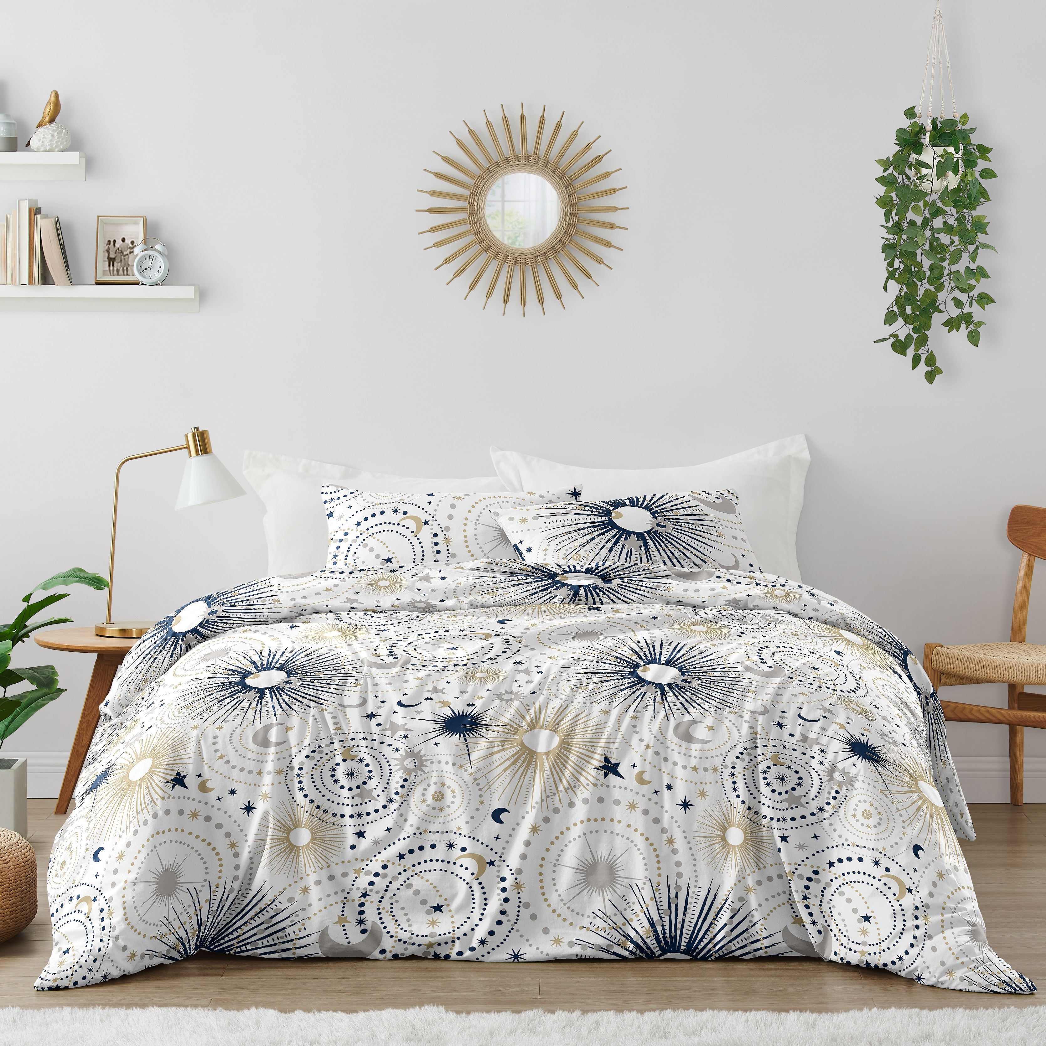 Star and Moon Collection Boy Girl 3pc Full Queen Comforter Set - Navy Blue Gold Grey Celestial Sky Stars Gender Neutral Unisex