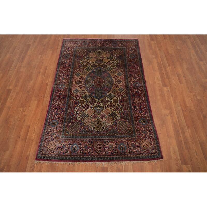 Hand Knotted Oriental 100% Silk Carpet Traditional Floral Beige & Ivories Kashan Area Rug - 6' 8'' X 4' 3''