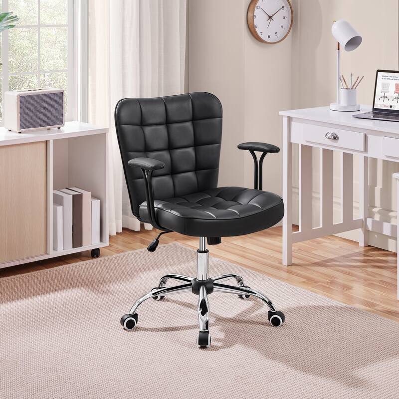 Yaheetech Mid-Back PU Leather Upholstered Office Chair with Padded Arms&Rolling Wheels - Black