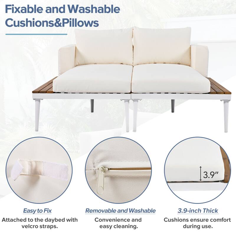 59*55" Outdoor Metal Daybed Frame with Removable Cushion, Patio 2 in 1 Padded Lounge Chaise with Wood Side Table for Drinks