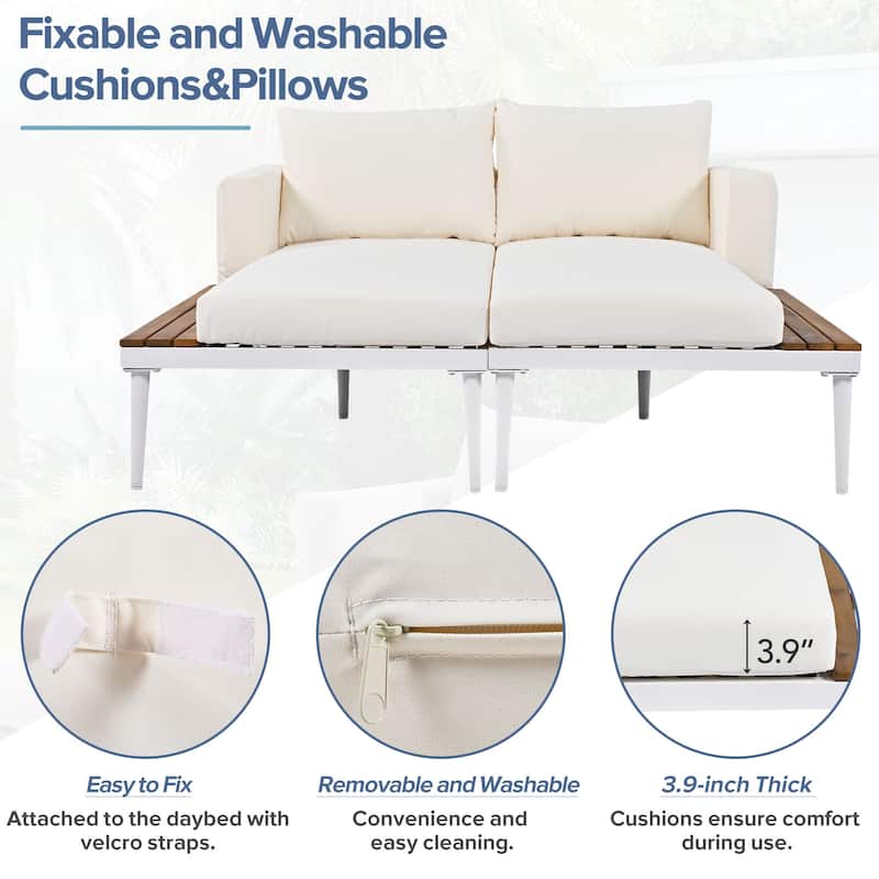 Modern Outdoor Daybed Patio Metal Daybed with Wood Topped Side Spaces for Drinks, 2 in 1 Padded Chaise Lounges