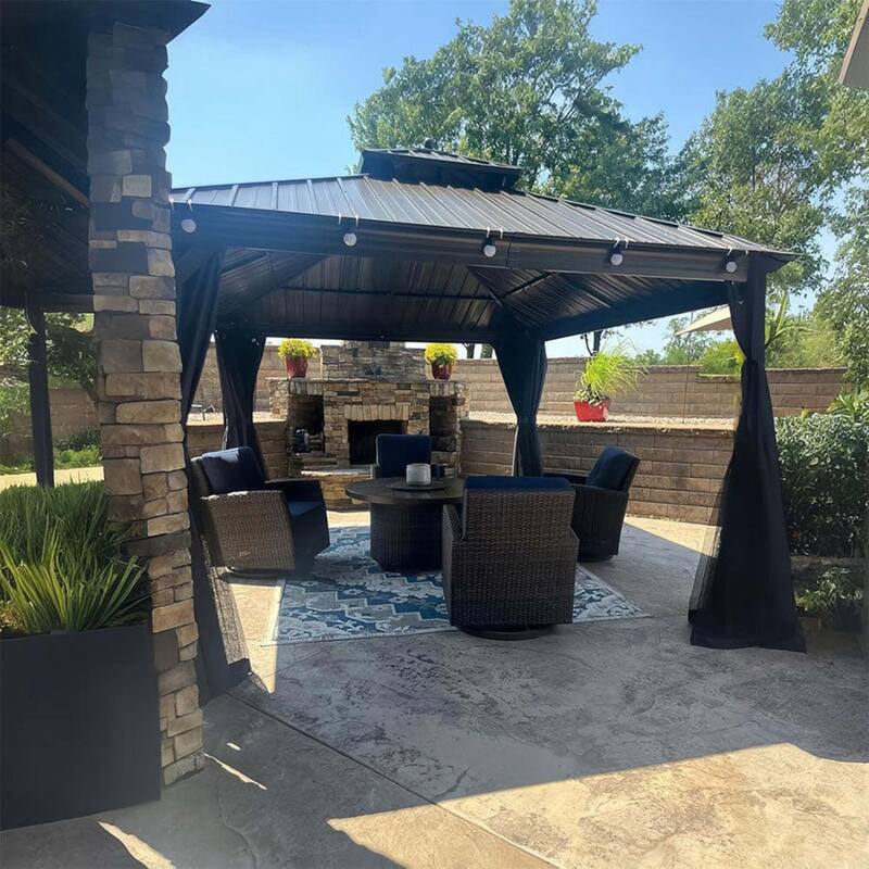 PURPLE LEAF Hardtop Aluminum Gazebo with Curtains and Netting, Double Roof Patio Gazebo