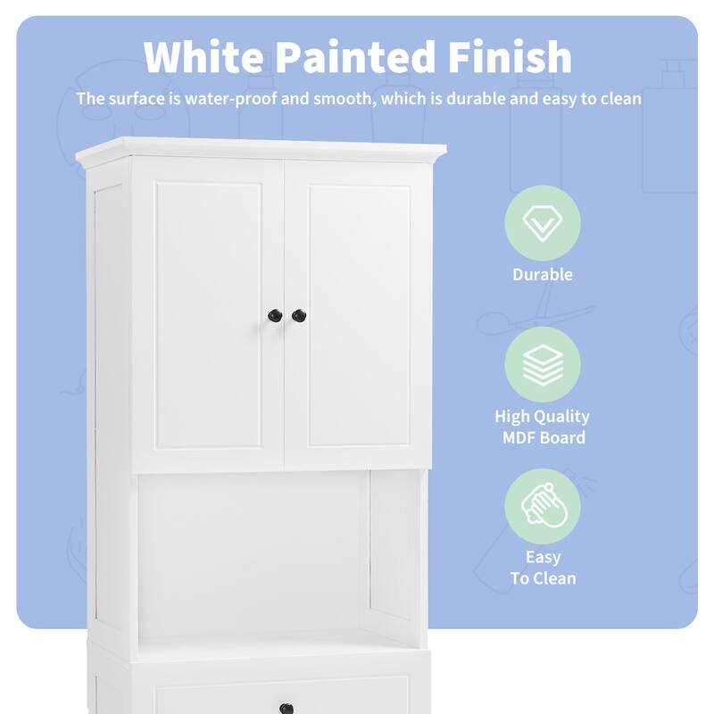 Tall Bathroom Cabinet with 4 Doors, Large Bathroom Moisture Proof Storage Cabinet with Open Shelves, Upper Storage Cabinet