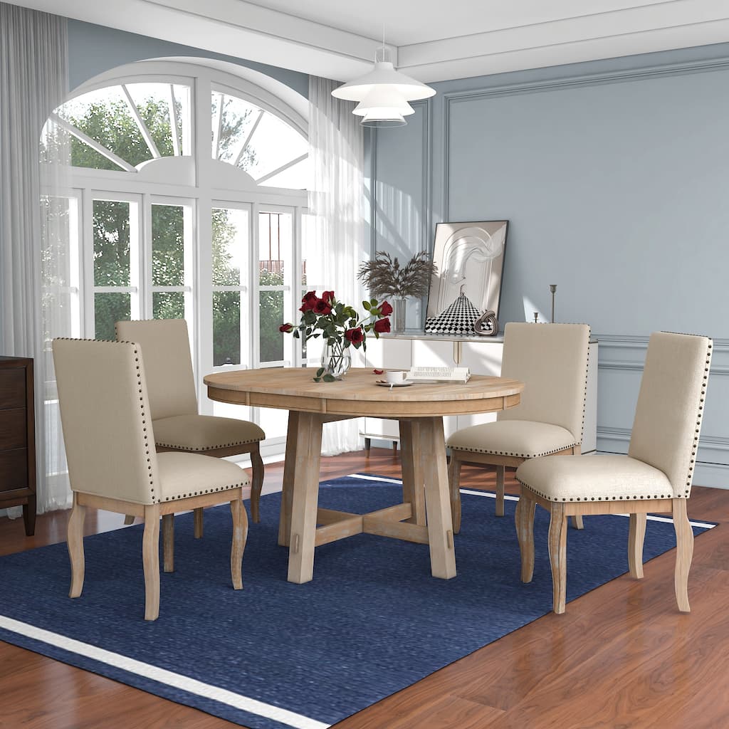 Farmhouse Dining Table Set Wooden Round Retractable Dining Table with Upholstered Nailhead Dining Chairs, Casual Coffee Table