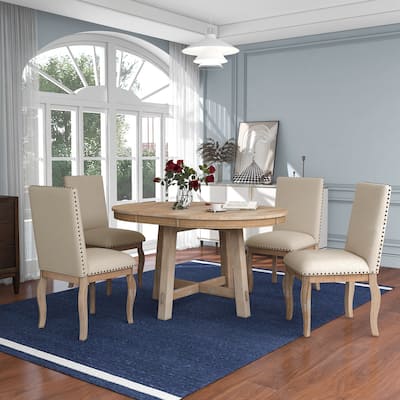 Natural Wood Wash Modern 5-Piece Wooden Dining Table Set with Extendable Round Table & 4 Chairs