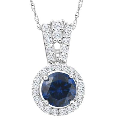 1 1/2Ct TW Blue Sapphire Halo Diamond Pendant White Gold Women's Necklace