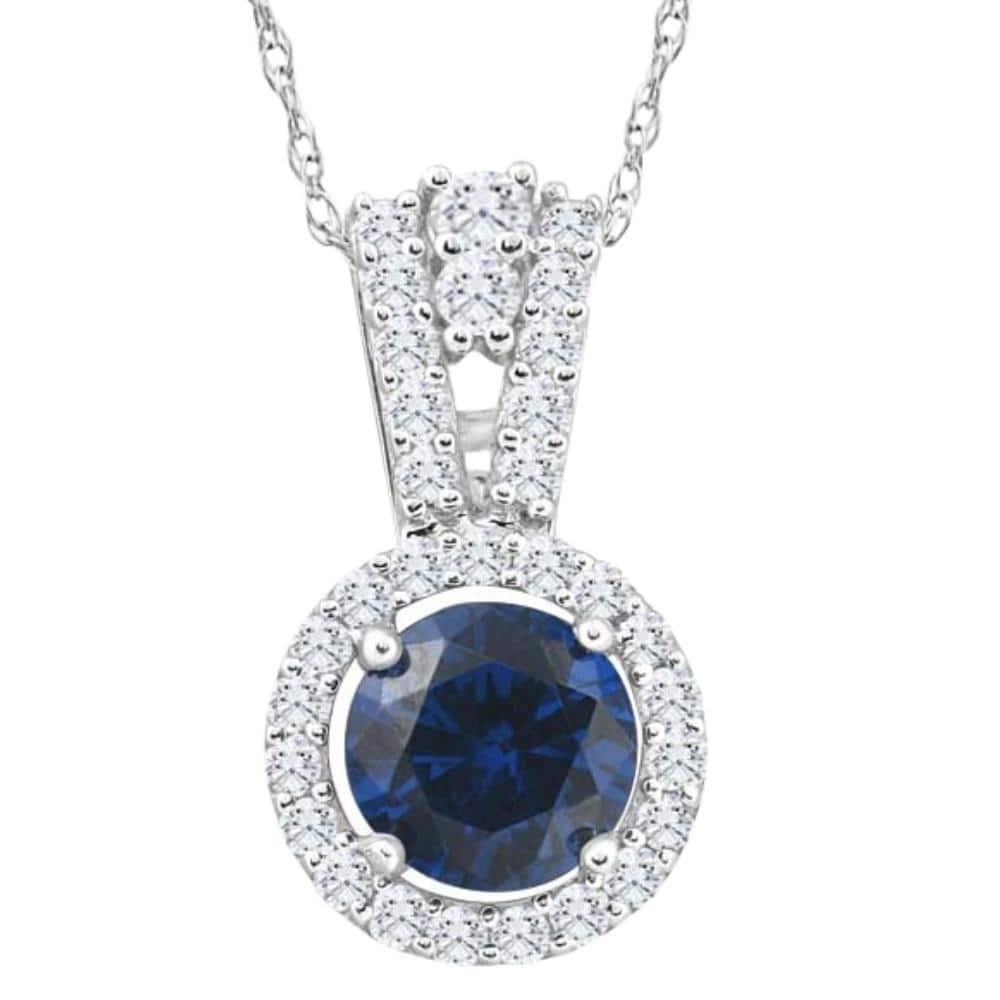 Bliss Diamond 1 1/2Ct TW Blue Sapphire Halo Diamond Pendant White Gold Women's Necklace