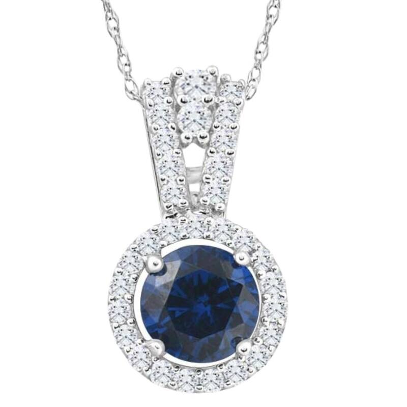 Bliss Diamond 1 1/2Ct TW Blue Sapphire Halo Diamond Pendant White Gold Women's Necklace - White - 18 Inch