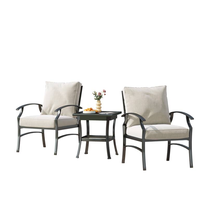 3 Piece Patio Metal Armchair/Side Table Seating Group with Cushions