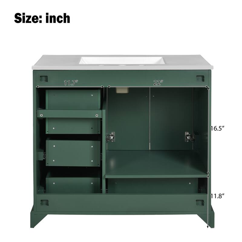 Traditional Bathroom Vanity with Ceramics Sink, Freestanding Cabinet with 3 Side Drawers, Bottom Drawer and 2 Soft Close Doors