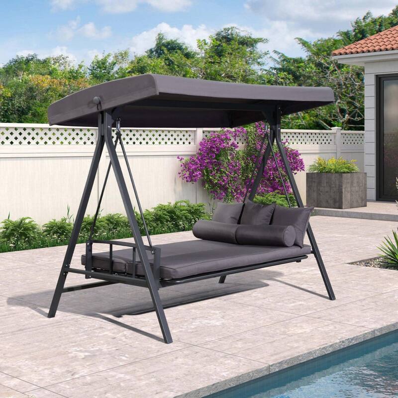 PURPLE LEAF 3-seat Outdoor Patio Porch Swing Adjustable Backrest, Cushions and Pillow Included - N/A - Grey
