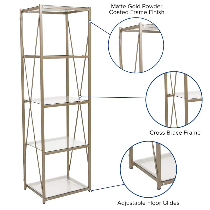 4 Shelf 64"H Cross Brace Glass Bookcase in Matte Gold - Tempered Glass Shelves