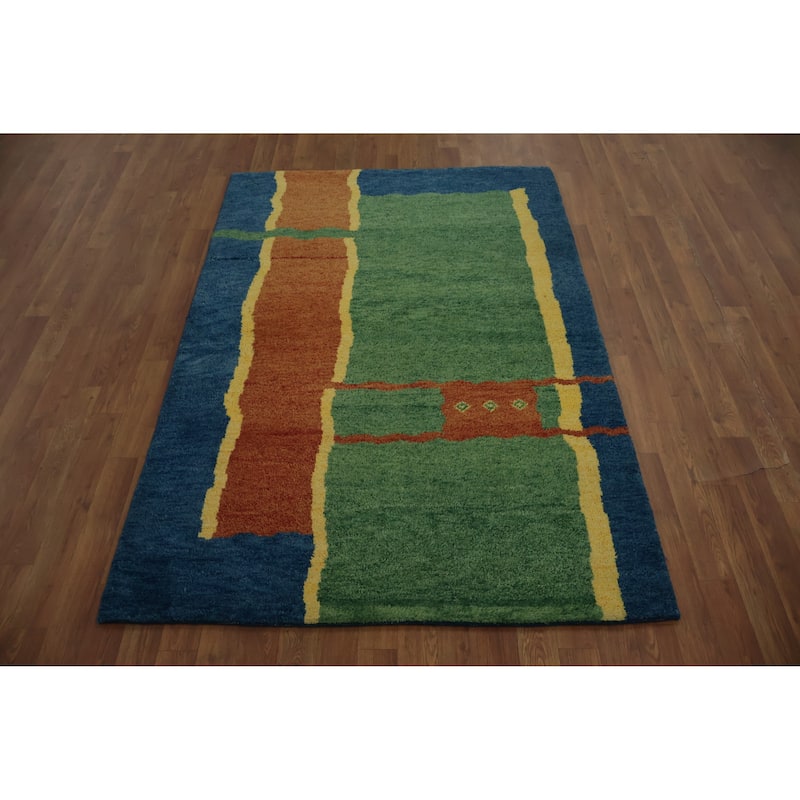 Hand Knotted Oriental 100% Wool Carpet Modern Geometric Green Gabbeh Area Rug - 5' 11'' X 4' 2''