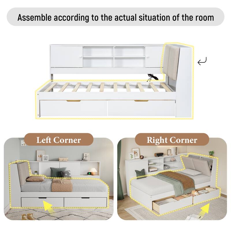 L-shaped Daybed Wooden Corner Sofa Bed Frame with Sliding Doors Bookcase Captains Bed, Upholstered Headboard Built-in Storage