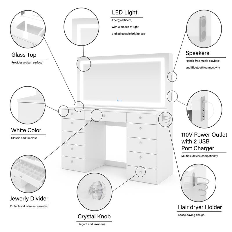 Extra-Large Vanity Desk with LED Mirror, Bluetooth Speakers, 11 Drawers and USB Ports