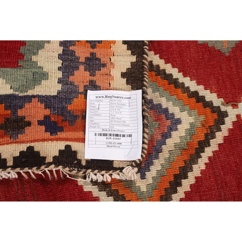 Kilim Qashqai Persian Vintage Rug Flatweave Red Wool Carpet - 4'8"x 7'1"