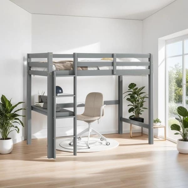 slide 2 of 9, Elegant Study Twin Loft Bed with built-in desk, Space-saving, Grey Grey