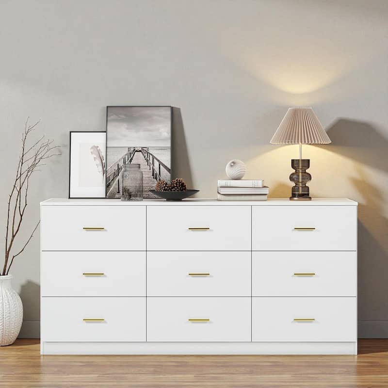 Modern 9-Drawer Dresser Wide Bedroom Chest Engineered Wood Storage Cabinet with Golden Handles and Ample Space - White