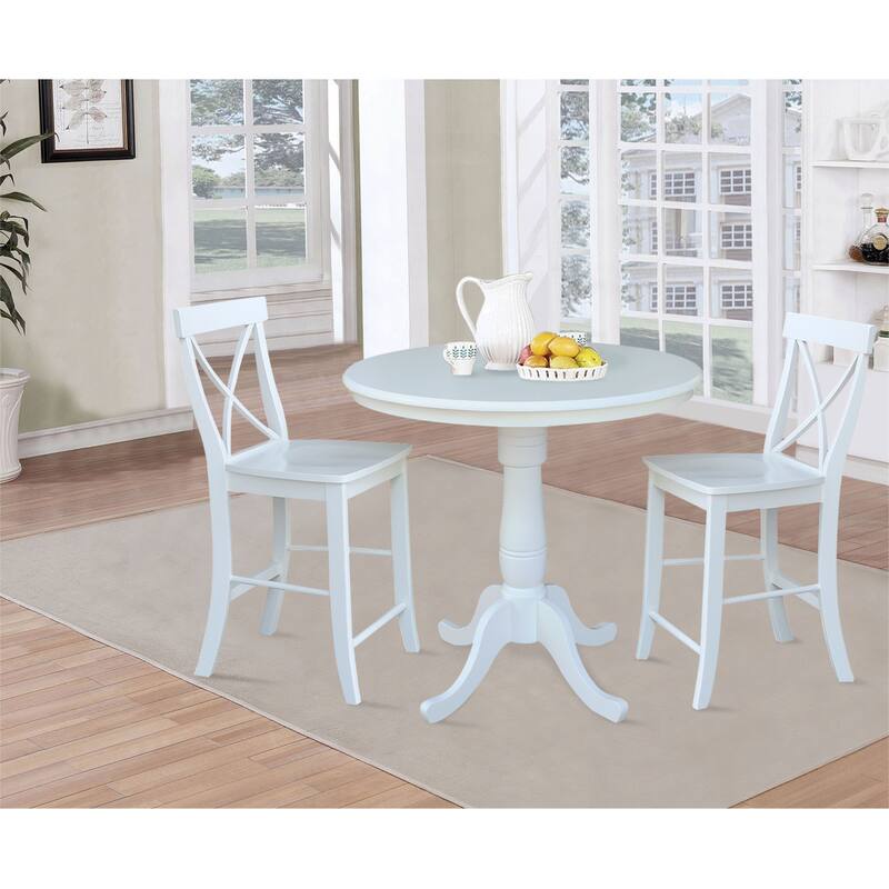 International Concepts 36" Round Pedestal Table with 2 X-back Counter Height Stools - Set of 3 - White