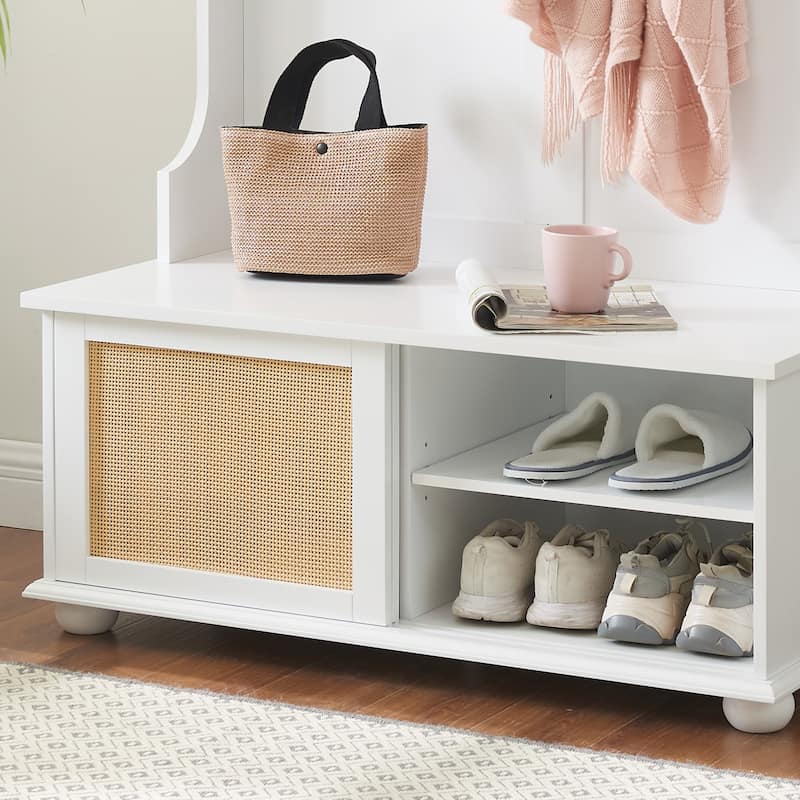 Hall Tree Storage Bench with Rattan Door, Shoe Bench with Adjustable Shelf