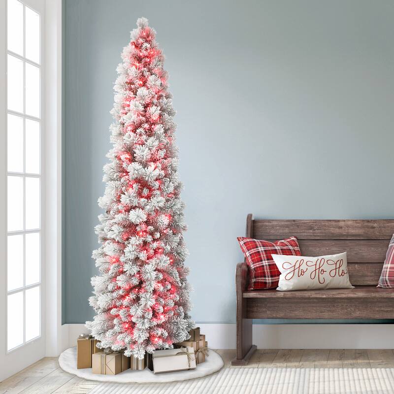 Puleo International 7.5 ft. Pre-Lit Flocked Portland Pine Artificial Pencil Tree