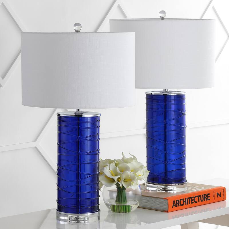 Coco 27.5" Modern Fused Glass Cylinder LED Table Lamp, Turquoise (Set of 2) by JONATHAN Y
