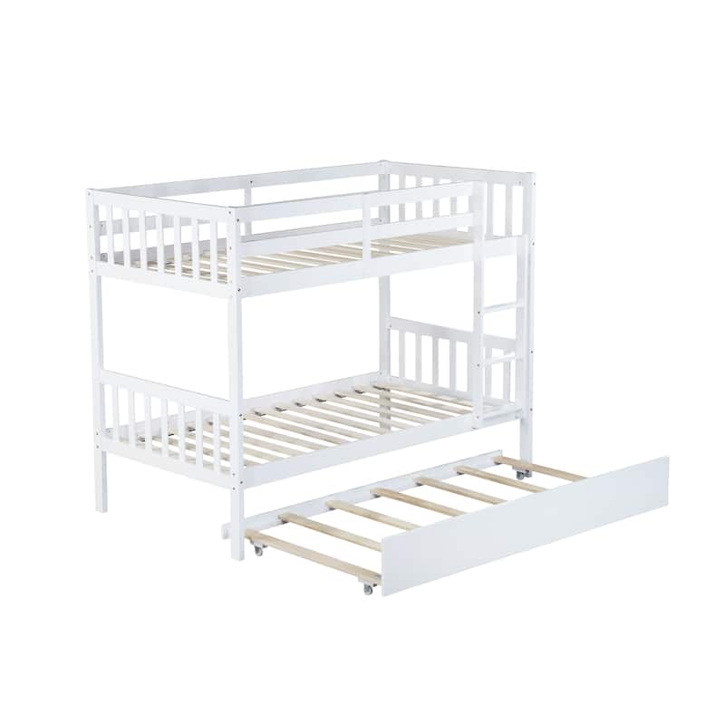Convertible Twin Over Twin Bunk Bed with Trundle, White Rubber Wood, Safety Guardrails, and Ladder