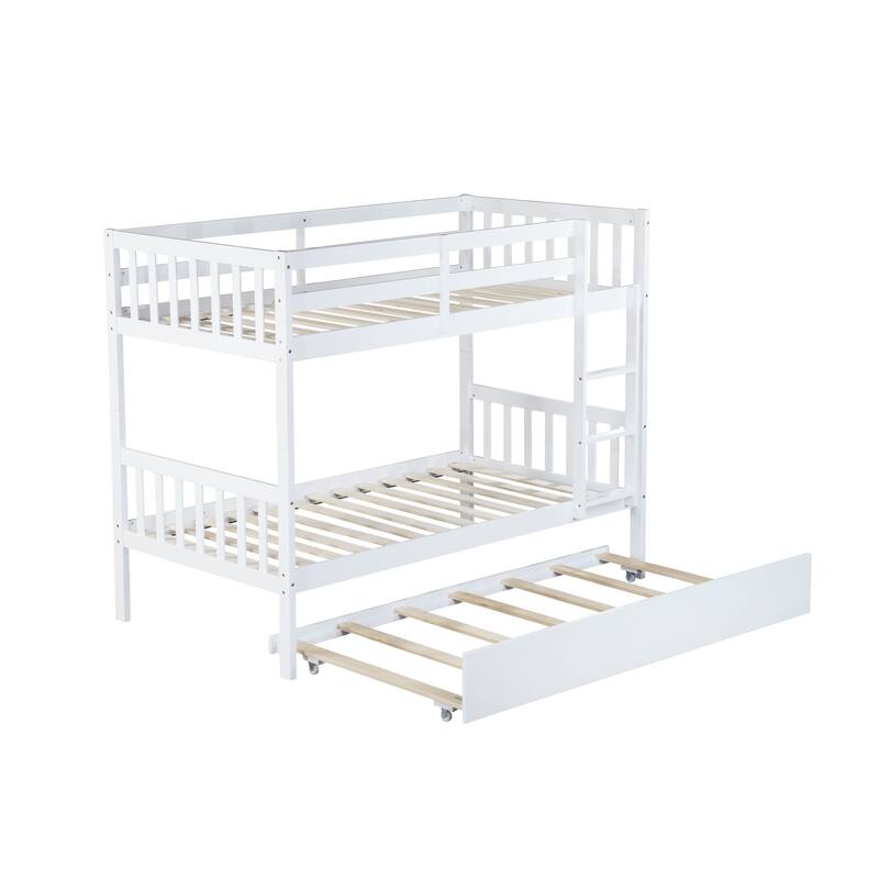 Twin over Twin Rubber Wooden Bunk Bed with Trundle, Ladder & Safety Guardrails, Espresso