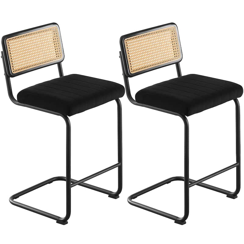 Velvet Upholstered Rattan Counter/Bar Stools, Set of 2/3 - Set of 2 - 26" Black