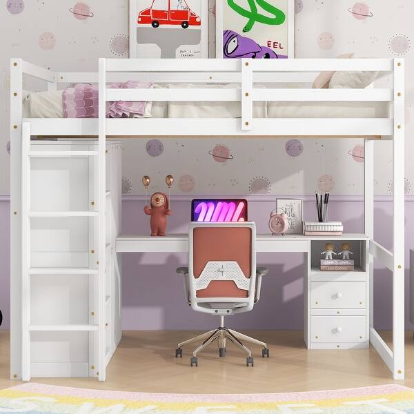 slide 2 of 30, Kid Friendly Full Size Loft Bed with Wardrobe, Desk, Shelves & Drawers