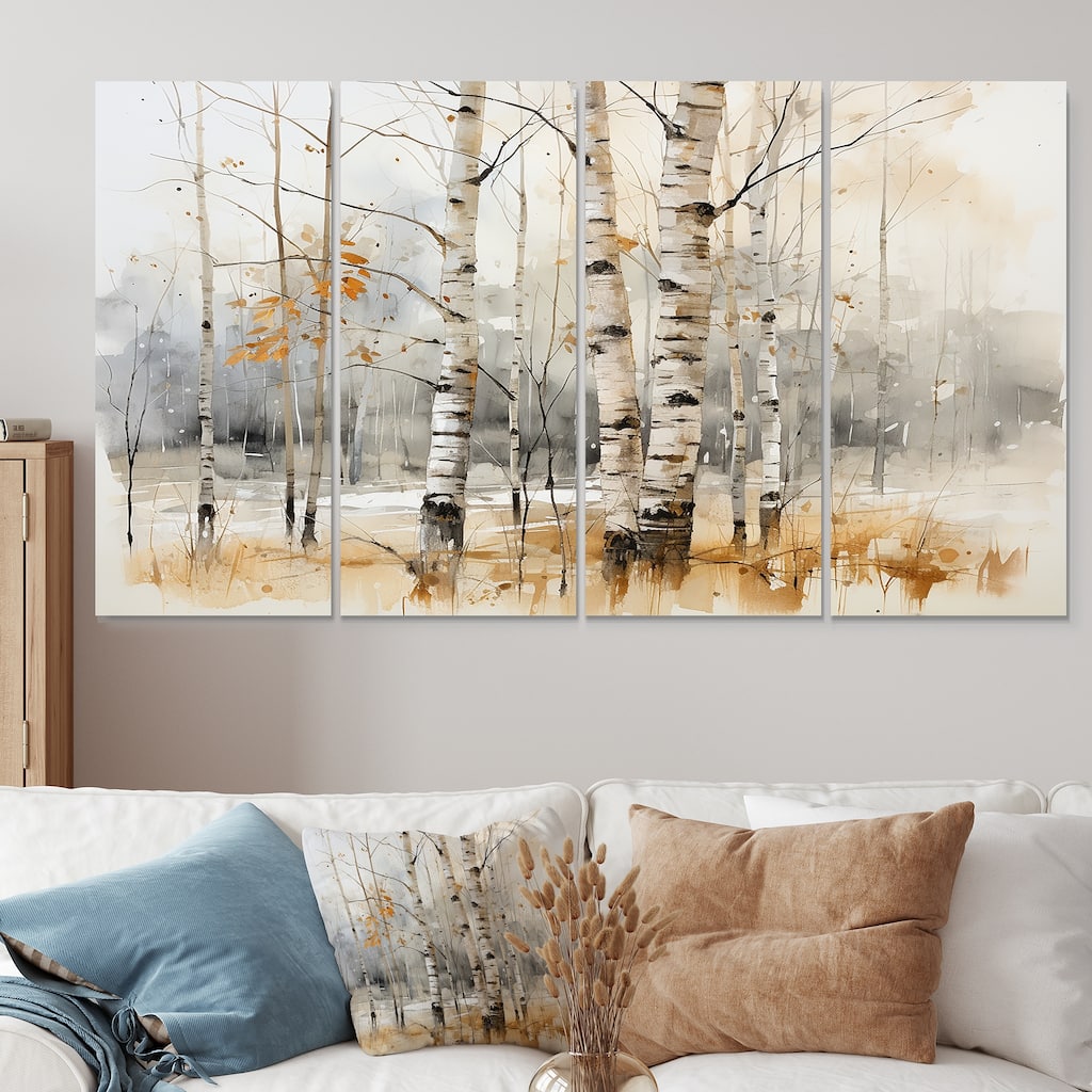 Designart "Winter Birch Wood Forest I" Tree Birch Extra Large Canvas Set Of 4 - Oversized Traditional Wall Art Decor